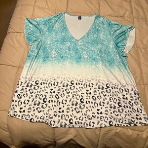 SHEIN Teal and White Ombre Leopard Blouse